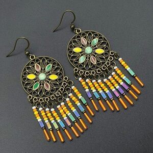 Copper with Green Opal Crystal Enamel Beaded Boho Dream Catcher Hook Earrings